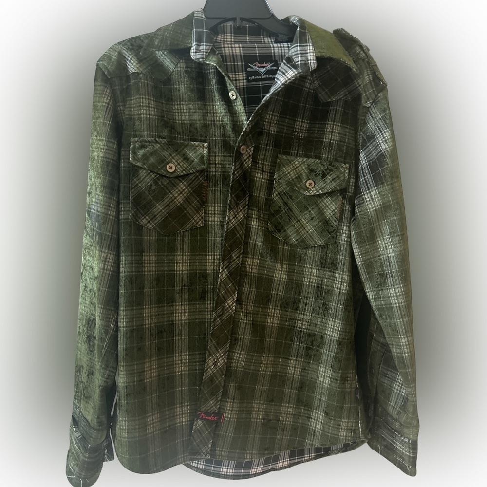 Fender x Rock & Roll Religion “Salvation” Velvet Plaid Shirt Green Black S